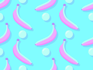 Obraz premium Bananas seamless pattern. Pink bananas on a blue background in the style of the 80s. Design for printing on fabric, banners and wrapping paper. Vector illustration
