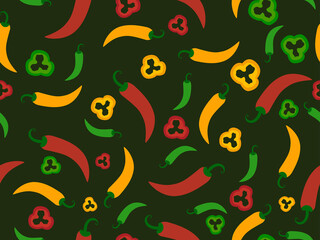 Pepper seamless pattern. Multi-colored chili peppers in circles and whole. Design for fabric print, banners and posters. Vector illustration