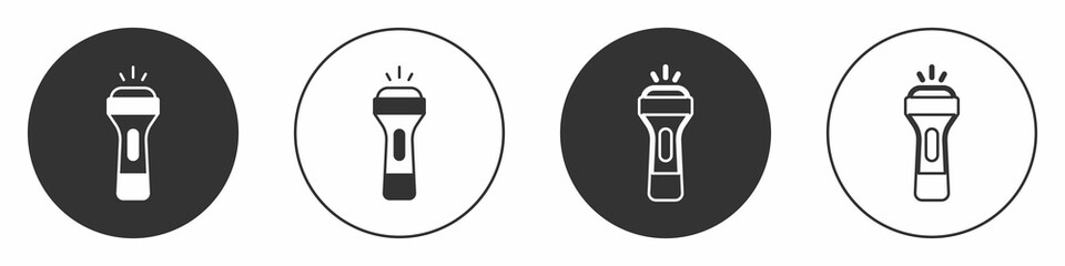 Black Flashlight icon isolated on white background. Circle button. Vector