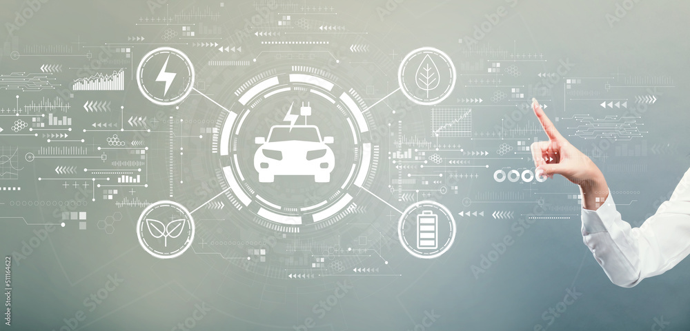 Poster ev concept with hand pressing a button on a gray background