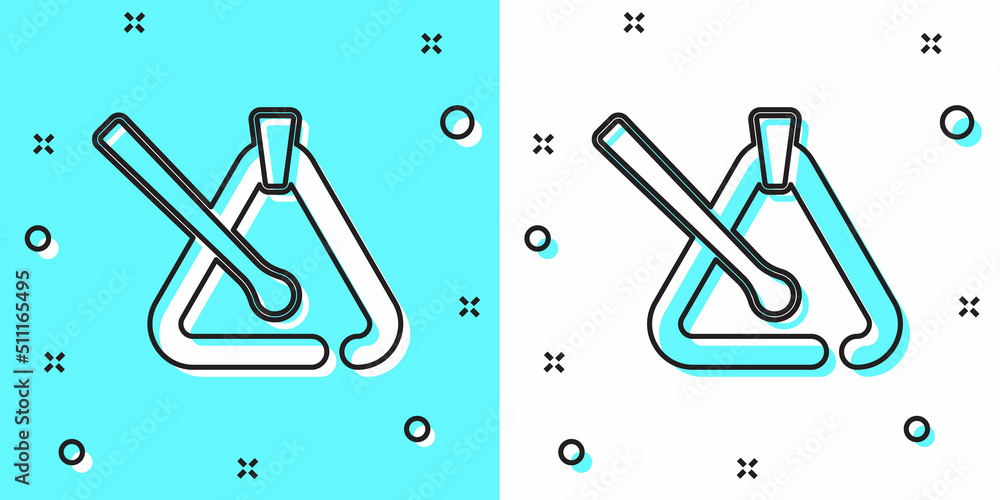 Poster Black line Triangle musical instrument icon isolated on green and white background. Random dynamic shapes. Vector