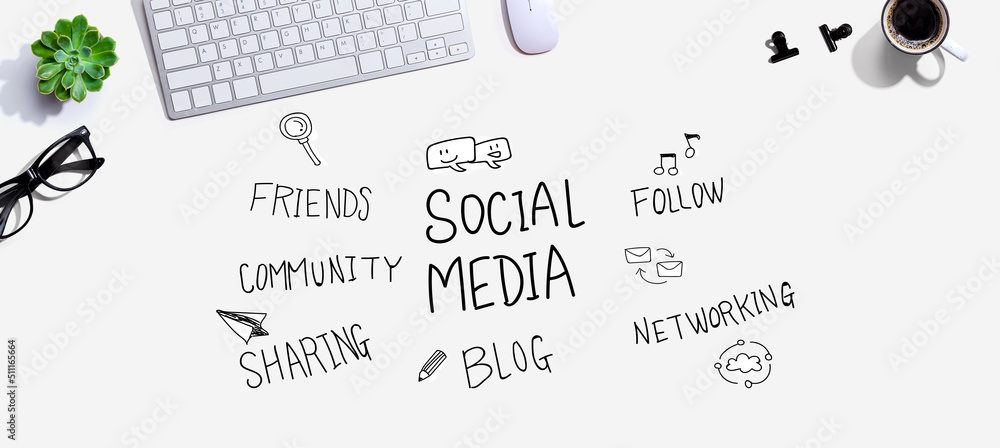 Poster social media theme with a computer keyboard and a mouse