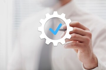 Quality assurance of business services, Businessman Hand shows the sign of the top service Quality,...