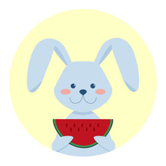 Cute rabbit with watermelon. Symbol of the new year. Hello summer postcard. Flat cartoon vector illustration.