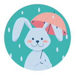 Cute rabbit with umbrella. Symbol of the new year. Hello autumn postcard. Flat cartoon vector illustration.
