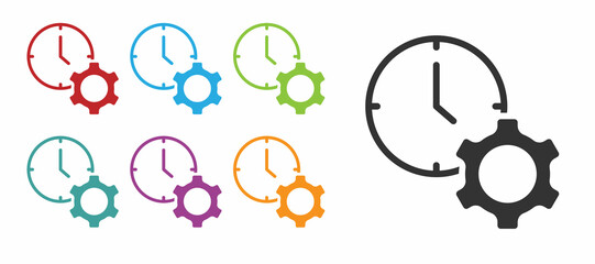 Black Time management icon isolated on white background. Clock and gear sign. Productivity symbol. Set icons colorful. Vector