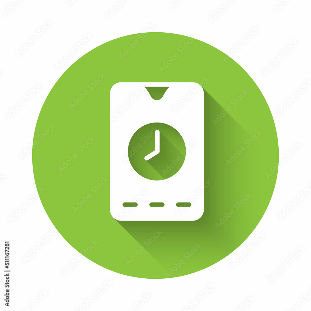 Poster White Alarm clock app smartphone interface icon isolated with long shadow background. Green circle button. Vector