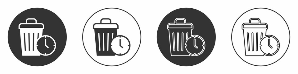 Black Waste of time icon isolated on white background. Trash can. Garbage bin sign. Recycle basket icon. Office trash icon. Circle button. Vector