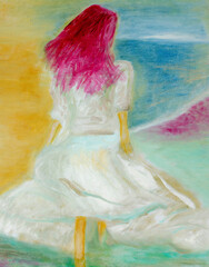 Fototapeta na wymiar Abstract oil painting of a young woman walking into the water seen from behind, original artwork