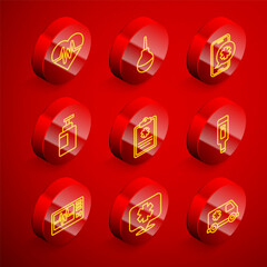 Set line Heart rate, Enema, Emergency phone call, Hand sanitizer bottle, Clinical record, Digital thermometer, Monitor with cardiogram and Medical symbol of icon. Vector