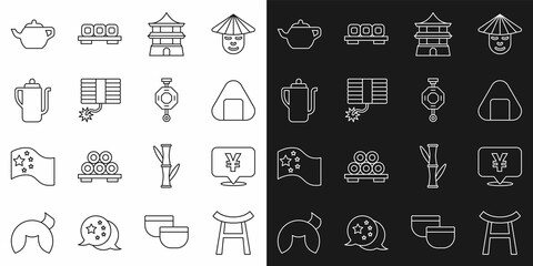 Set line Japan Gate, Chinese Yuan currency, Sushi, house, Firework, tea ceremony, and paper lantern icon. Vector