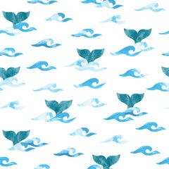 Seamless pattern with watercolor whale tails and sea waves.