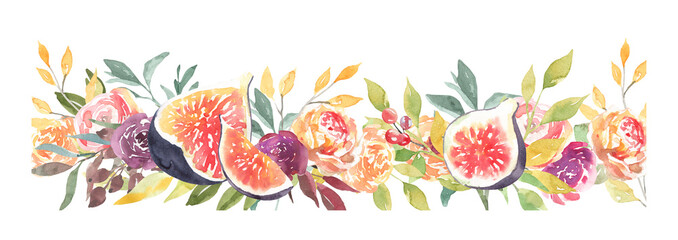 Watercolor boho fig pumpkin thanksgiving floral frame illustration, Autumn flower arrangement, wreath,frame, for fall wedding stationery, nursery, thanksgiving card, save the date, baby shower