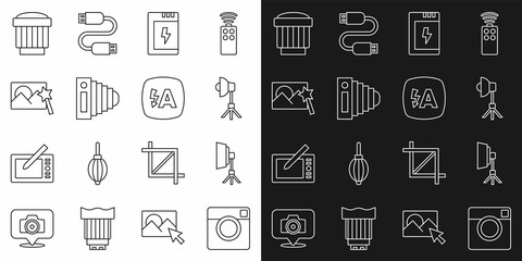 Set line Photo camera, Softbox light, Battery for, retouching, Camera photo lens and Auto flash icon. Vector