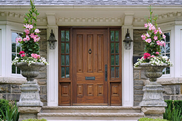 House entrance with elegant wood grain front door and tall flower pots