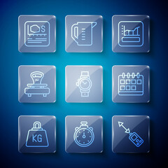 Set line Weight, Stopwatch, Laser distance measurer, Graph, schedule, chart, diagram, Wrist, Scales, Area measurement and Calendar icon. Vector