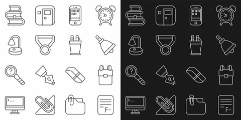 Set line Exam paper with incorrect answers, School backpack, Ringing bell, Smartphone, Medal, Table lamp, Book and Pencil case stationery icon. Vector