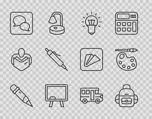 Set line Pencil with eraser, School backpack, Light bulb, Chalkboard, Speech bubble chat, Bus and Paint brush palette icon. Vector