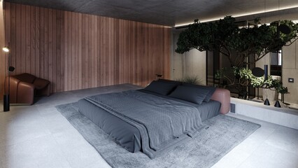  Loft industrial bedroom interior design 3d rendering with concrete walls and large bonsai tree 