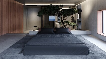  Loft industrial bedroom interior design 3d rendering with concrete walls and large bonsai tree 