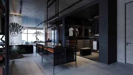 Fototapeta na wymiar Loft industrial wardrobe interior design 3d rendering with concrete walls and large bonsai tree