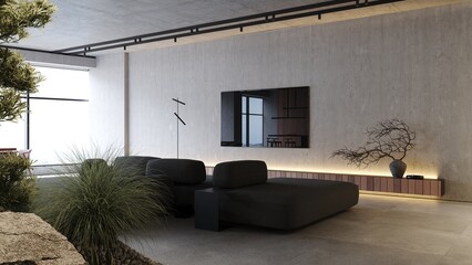 Loft industrial living room interior design 3d rendering with TV, concrete walls, stylish sofa and lighting