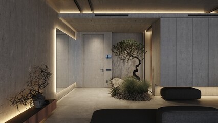  Loft industrial entry room interior design 3d rendering with concrete walls, large bonsai tree and mirror