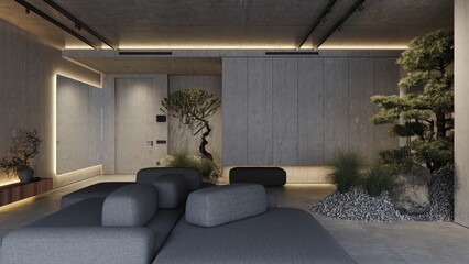 Loft industrial living room interior design 3d rendering with mirror, concrete walls, stylish sofa and large bonsai tree