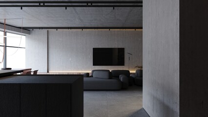 Loft industrial living room interior design 3d rendering with TV, concrete walls, stylish sofa and lighting