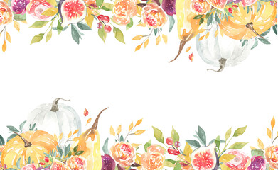 Watercolor boho fig pumpkin thanksgiving floral border illustration, Autumn flowers arrangement, wreath,frame,for fall wedding stationery, nursery decor, thanksgiving card, save the date, baby shower