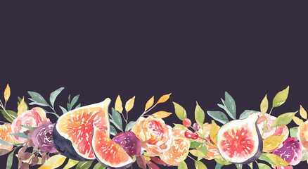 Watercolor boho fig pumpkin thanksgiving floral border illustration, Autumn flowers arrangement, wreath,frame,for fall wedding stationery, nursery decor, thanksgiving card, save the date, baby shower