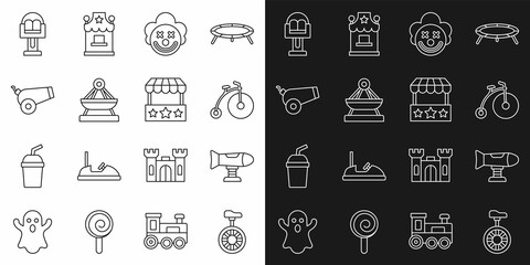 Set line Unicycle or one wheel bicycle, Swing plane, Vintage, Clown head, Boat swing, Cannon, Attraction carousel and Ticket box office icon. Vector
