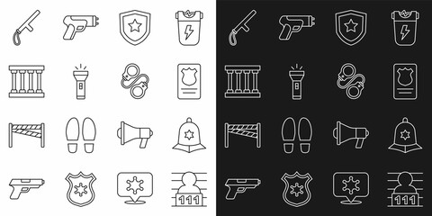 Set line Suspect criminal, British police helmet, Police badge with id case, Flashlight, Prison window, rubber baton and Handcuffs icon. Vector