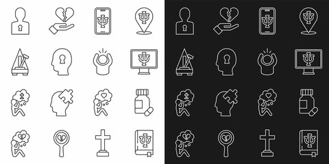 Set line Psychology book, Psi, Sedative pills, Psychologist online, Solution to the problem, Metronome with pendulum, and Anger icon. Vector