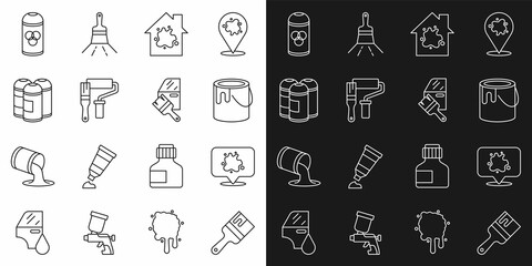 Set line Paint brush, spray, bucket, Painting the house, roller, can, and Car painting icon. Vector