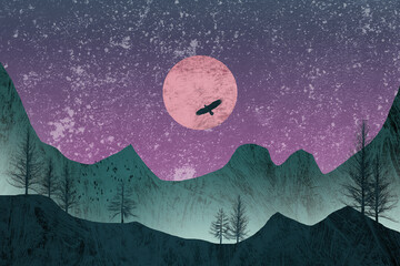 Eagle flying over the red moon