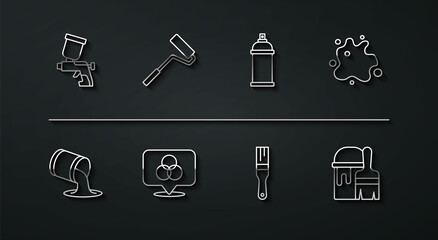 Set line Paint spray gun, bucket, brush, RGB and CMYK color mixing, roller, with and can icon. Vector