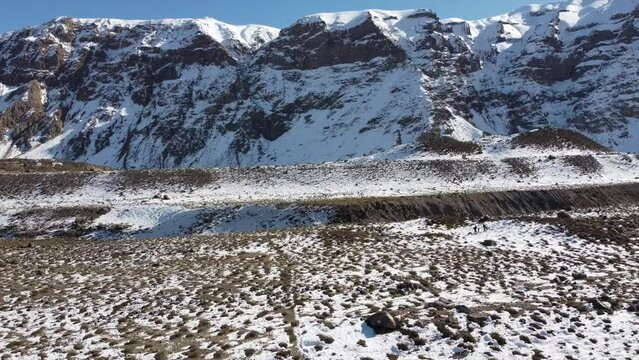 drone tour of the imposing snowy mountain in the andes mountain range on a cold sunny day in winter season