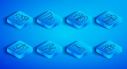 Set line Fire in burning house, Smoke alarm system, Emergency call 911, Firefighter axe, shovel, Electric wiring of socket fire, helmet and exit icon. Vector