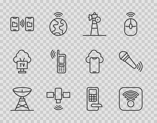 Set line Satellite dish, Wi-Fi wireless internet, Data transfer and storage, Mobile with wi-fi, Digital door lock and Wireless microphone icon. Vector