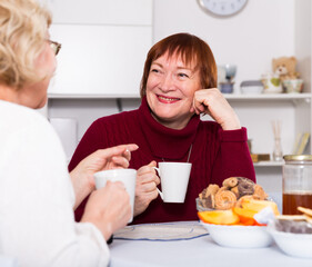 Positive old women sitting and drinking tea in the room at the table