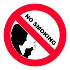 Prohibiting sign with the inscription no smoking and the image of a silhouette of a man with a smoking cigarette in his hand on white background