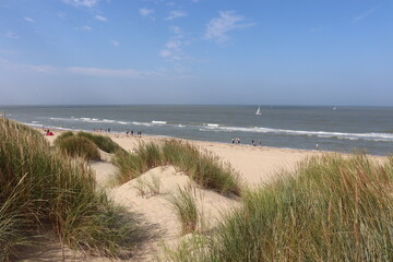 Fototapeta na wymiar Sommerliche Dünenlandschaft an der Nordseeküste mit Sand und Strandhafer vor blauem Himmel mit Cyrruswolken bei de Haan, Belgien