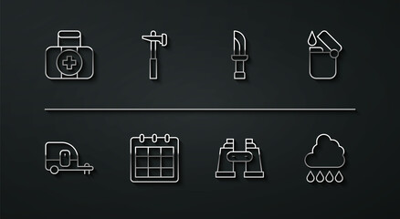 Set line First aid kit, Rv Camping trailer, Lighter, Binoculars, Calendar, Hammer, Cloud with rain and Knife icon. Vector
