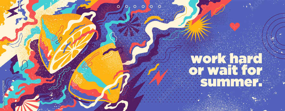 Poster abstract summer background design in grungy style with lemon and colorful splashes. vector illustrat