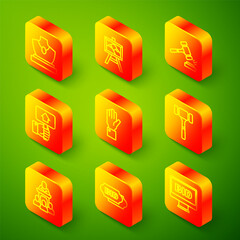 Set line Auction jewelry sale, painting, hammer, Hand holding auction paddle, auctioneer sells and Bid icon. Vector