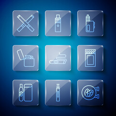 Set line Electronic cigarette, Tobacco leaf shop, Vape mod device, Cigar, Lighter, Cigarette and Matchbox and matches icon. Vector