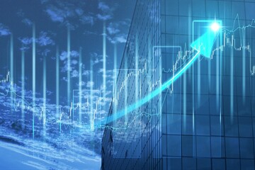 Stock market digital graph chart concept. A large display of daily stock market price and quotation. Indicator financial with buildings background