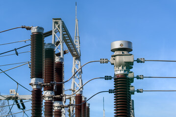 Detail of high voltage circuit breaker in a power substation.
