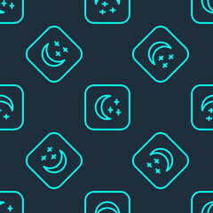 Green line Moon and stars icon isolated seamless pattern on blue background. Cloudy night sign. Sleep dreams symbol. Full moon. Night or bed time sign. Vector